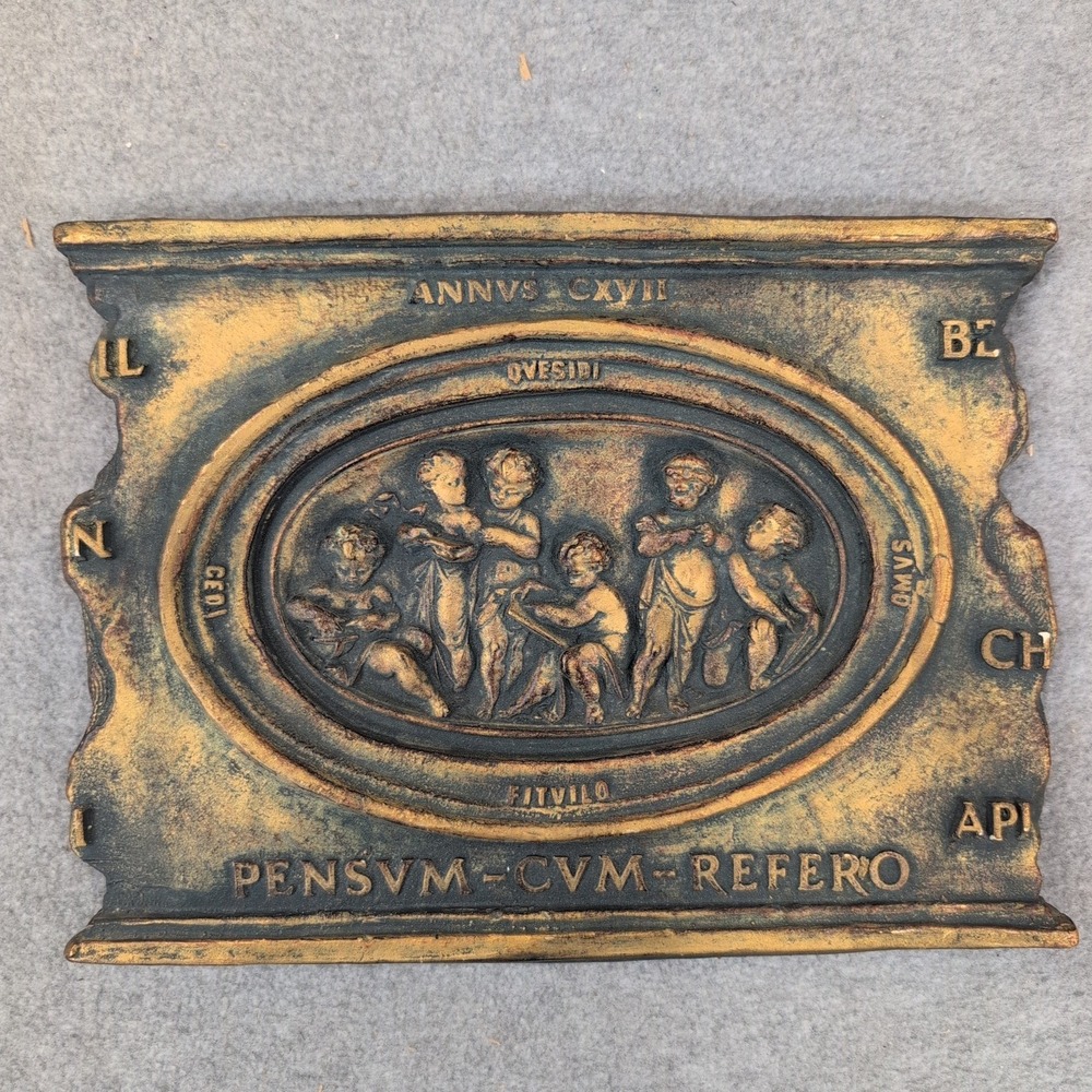 Marko Mfg Inc Neoclassical Cherub Relief Wall Plaque Gold Bronze Latin Text 1074